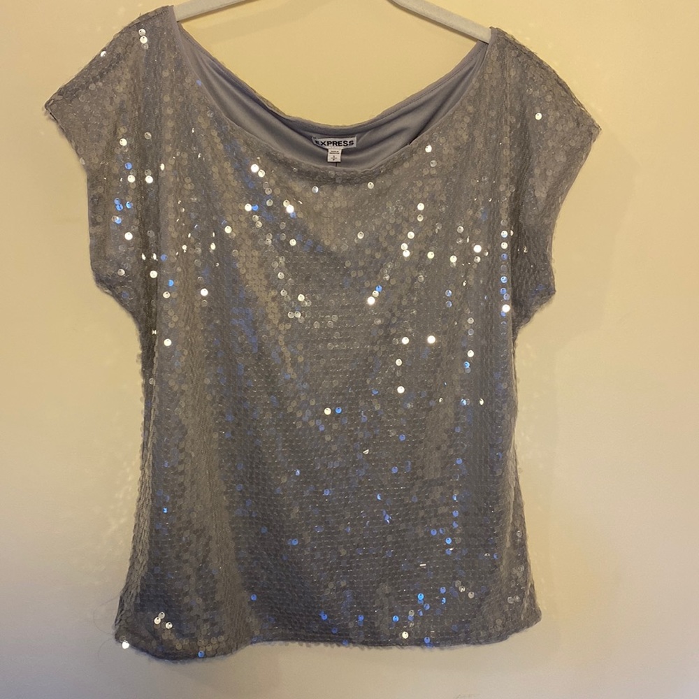 Women’s NWT Express Sequin Silver Grey Top Blouse Size Small S